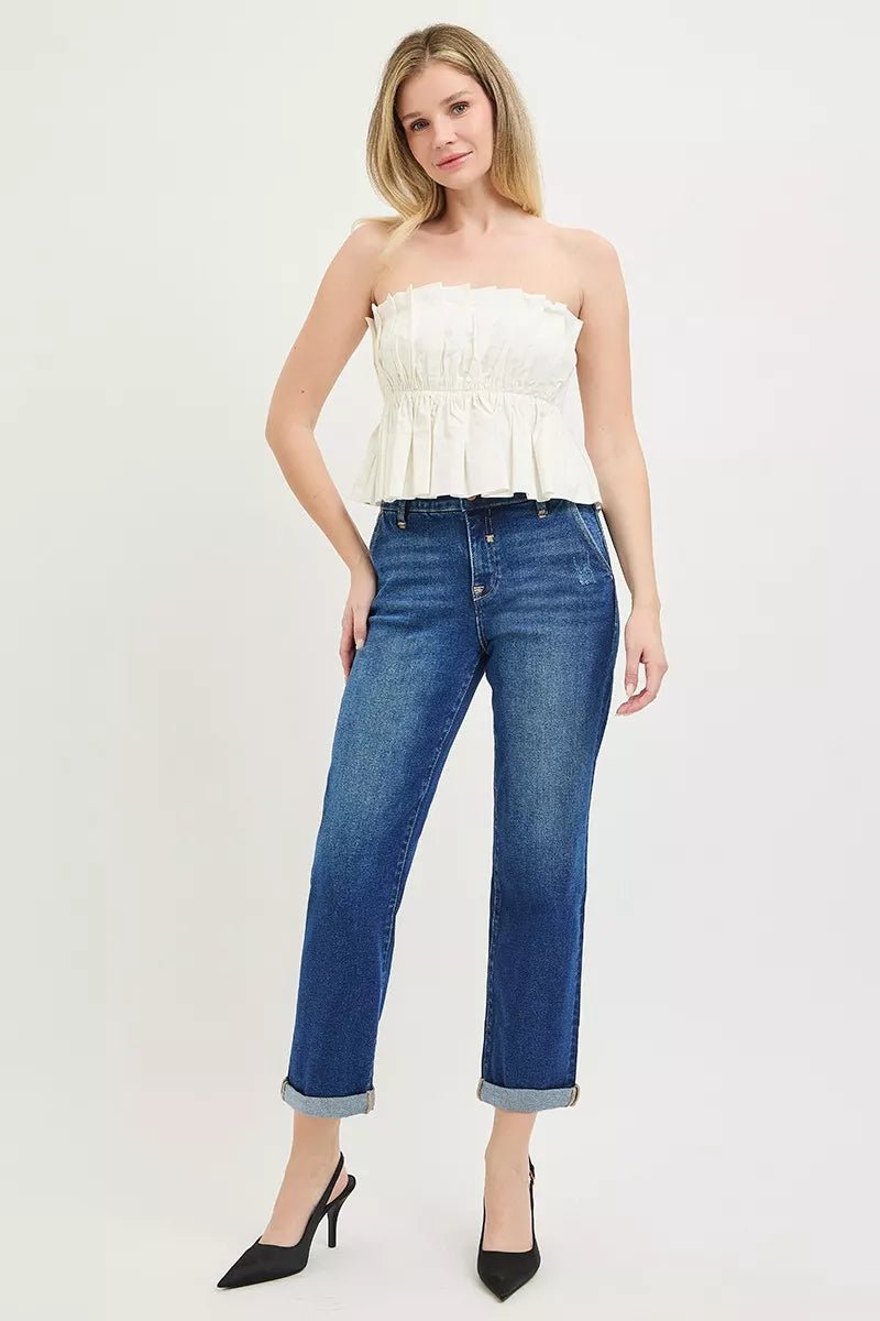 RISEN Slouchy Cropped Boyfriend Jeans with Cuffed Hem - AMVIM