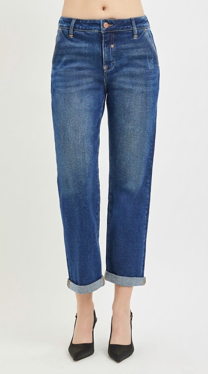 RISEN Slouchy Cropped Boyfriend Jeans with Cuffed Hem - AMVIM
