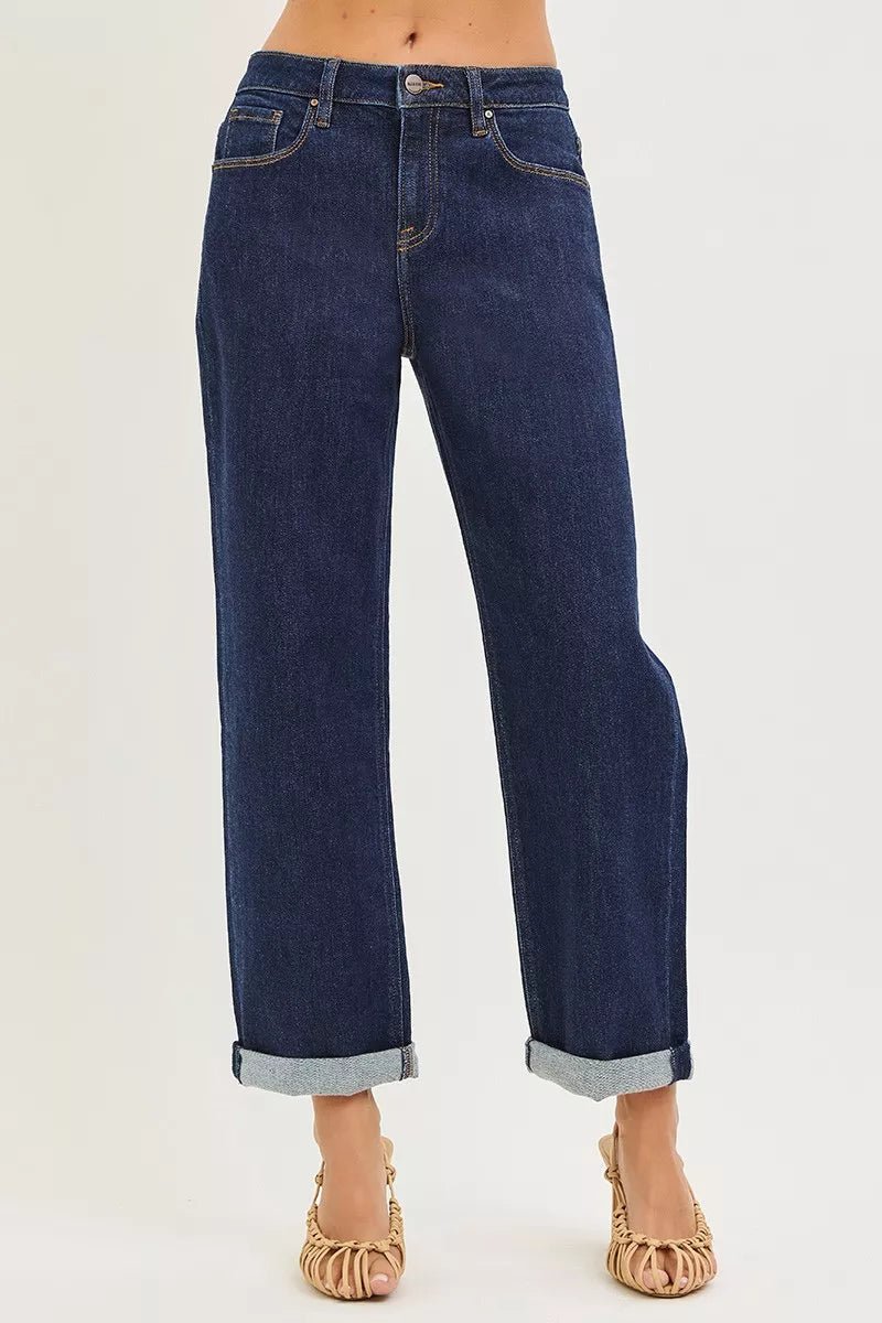 RISEN Slouchy Cropped Boyfriend Jeans with Cuffed Hem - AMVIM