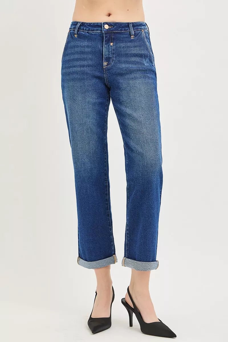 RISEN Slouchy Cropped Boyfriend Jeans with Cuffed Hem - AMVIM