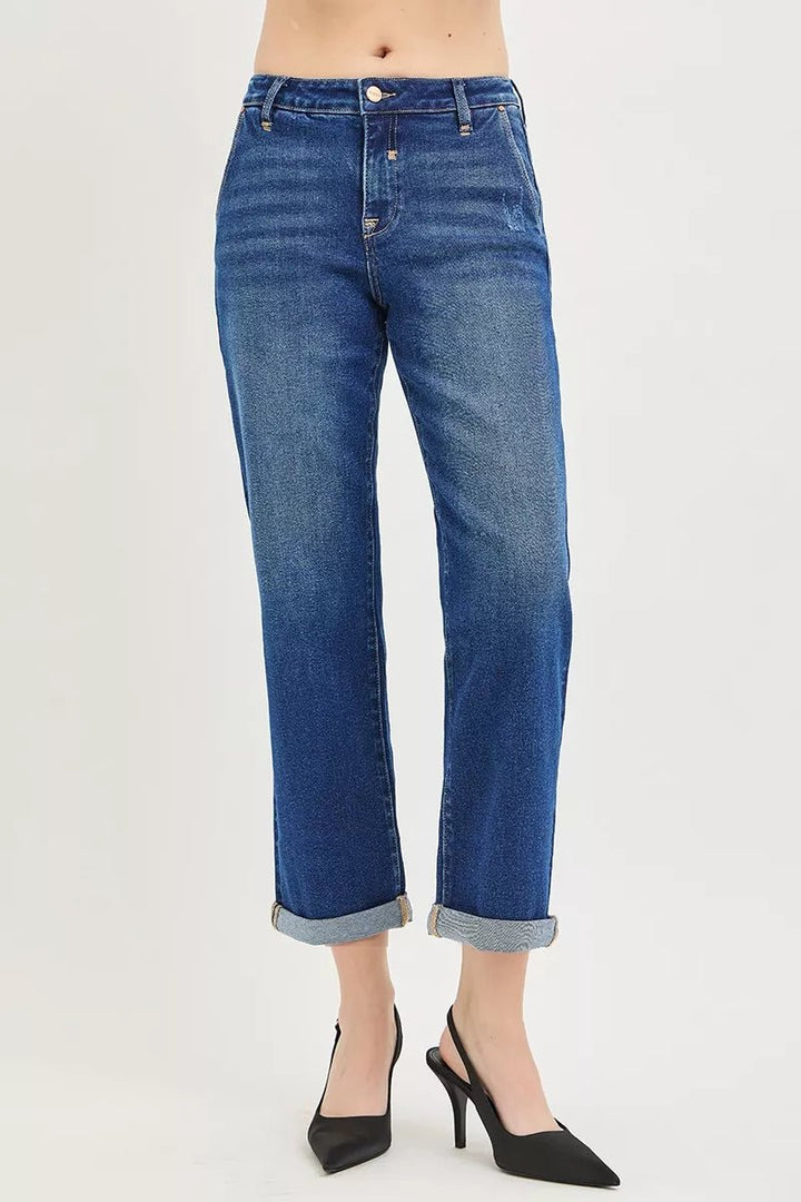 RISEN Slouchy Cropped Boyfriend Jeans with Cuffed Hem - AMVIM