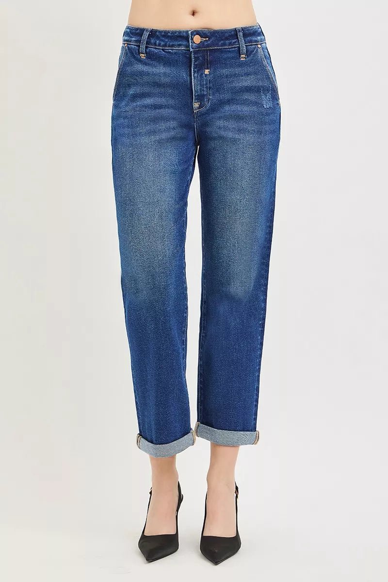 RISEN Slouchy Cropped Boyfriend Jeans with Cuffed Hem - AMVIM