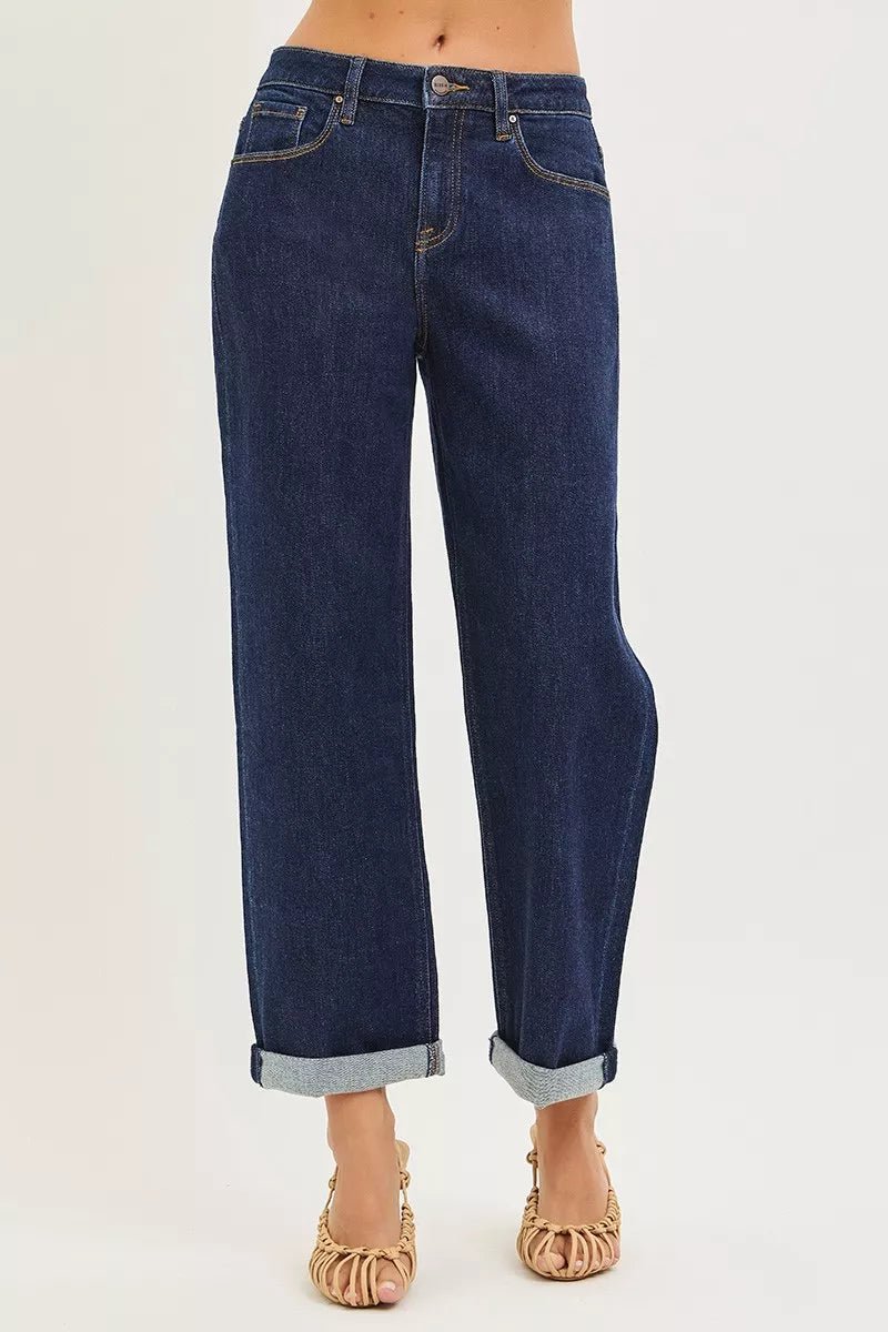 RISEN Slouchy Cropped Boyfriend Jeans with Cuffed Hem - AMVIM