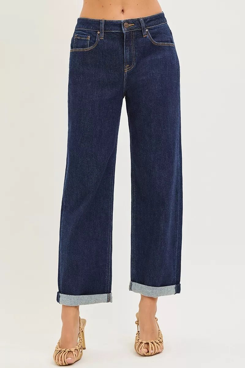RISEN Slouchy Cropped Boyfriend Jeans with Cuffed Hem - AMVIM