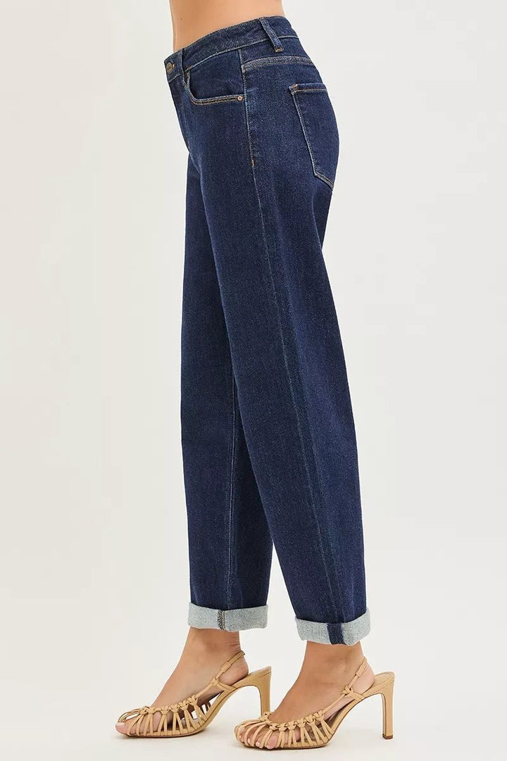 RISEN Slouchy Cropped Boyfriend Jeans with Cuffed Hem - AMVIM