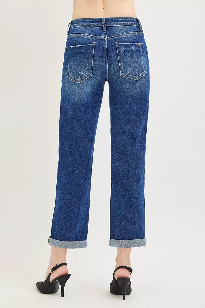 RISEN Slouchy Cropped Boyfriend Jeans with Cuffed Hem - AMVIM