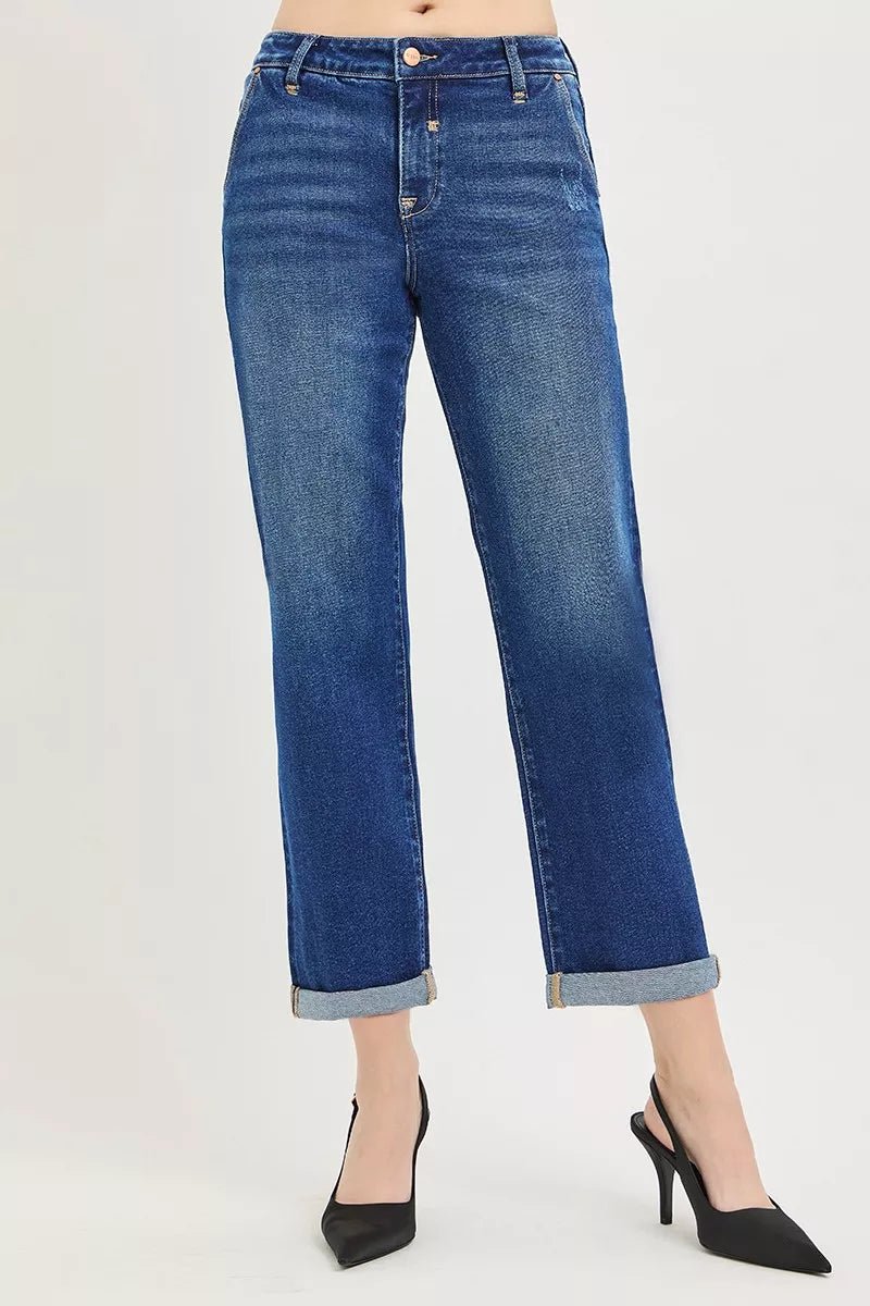 RISEN Slouchy Cropped Boyfriend Jeans with Cuffed Hem - AMVIM