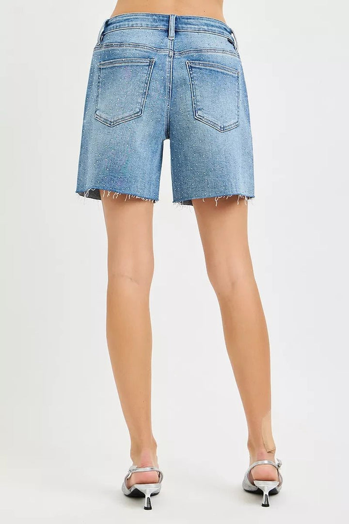 RISEN Slouchy Mid - Length Rhinestone Shorts - AMVIM