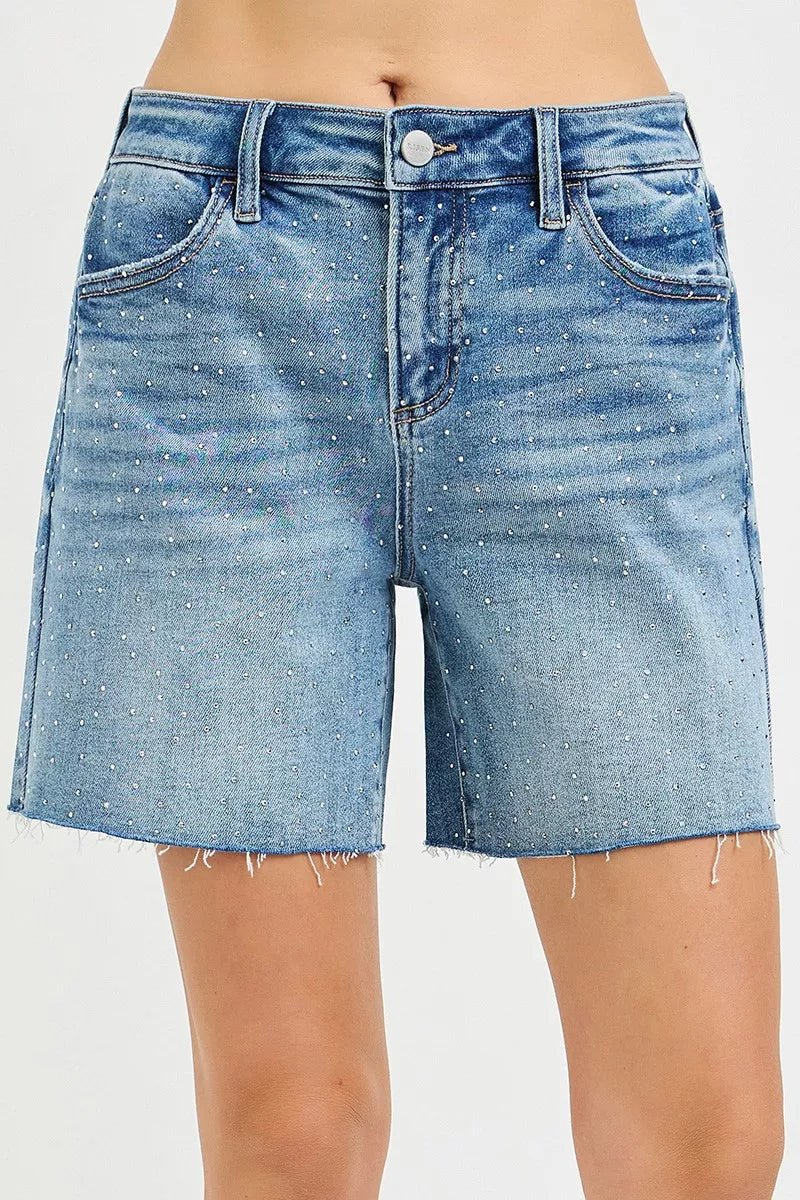 RISEN Slouchy Mid - Length Rhinestone Shorts - AMVIM