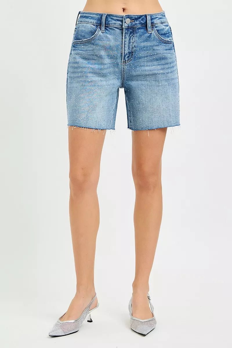 RISEN Slouchy Mid - Length Rhinestone Shorts - AMVIM