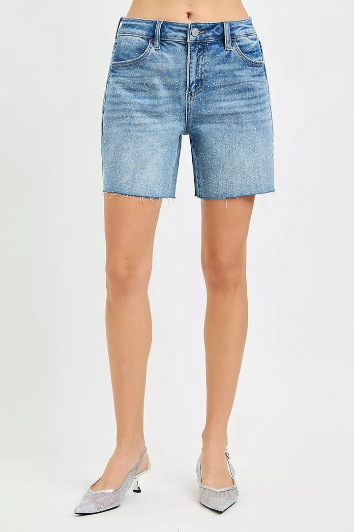RISEN Slouchy Mid - Length Rhinestone Shorts - AMVIM