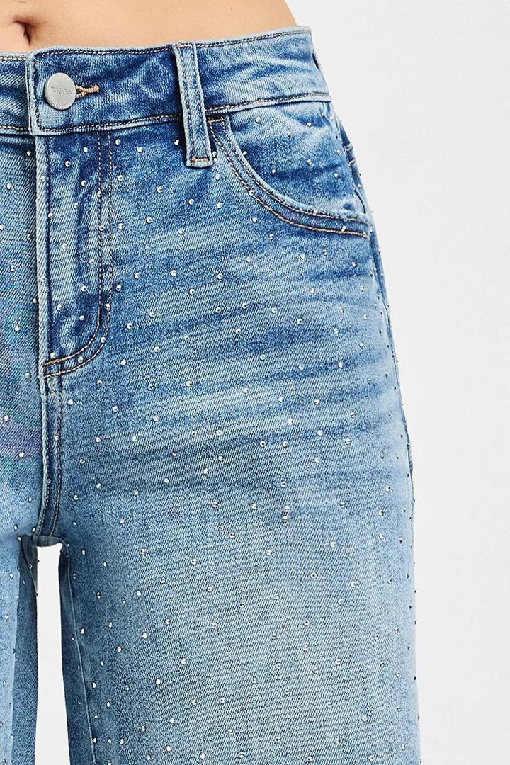 RISEN Slouchy Mid - Length Rhinestone Shorts - AMVIM