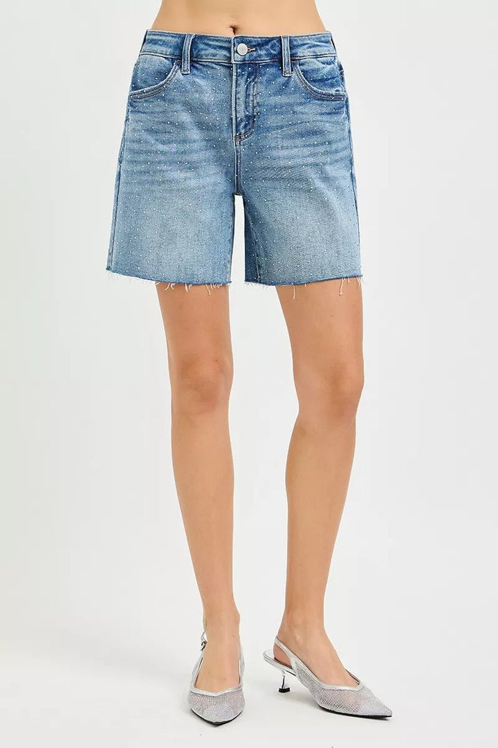 RISEN Slouchy Mid - Length Rhinestone Shorts - AMVIM
