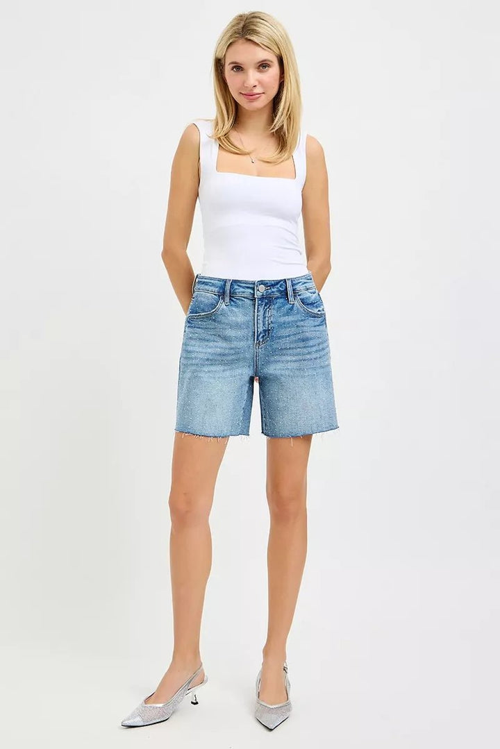 RISEN Slouchy Mid - Length Rhinestone Shorts - AMVIM