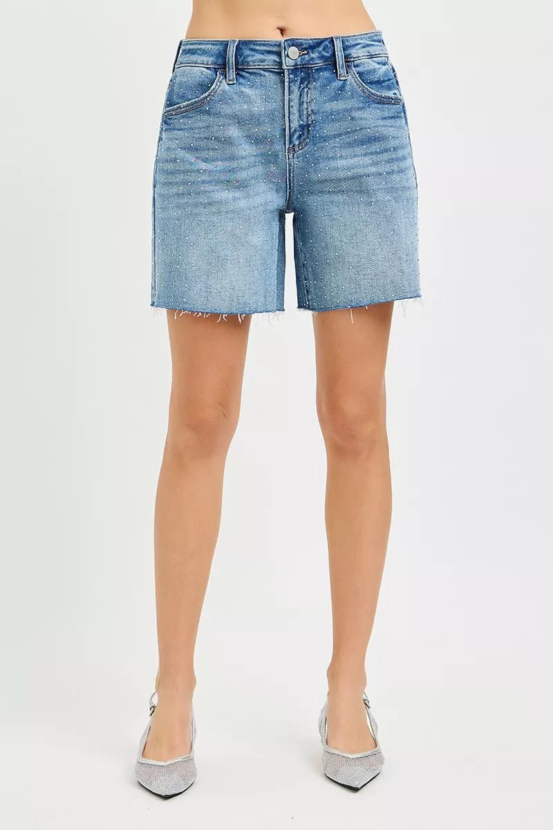 RISEN Slouchy Mid - Length Rhinestone Shorts - AMVIM