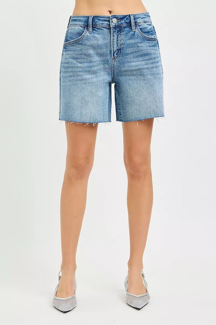 RISEN Slouchy Mid - Length Rhinestone Shorts - AMVIM