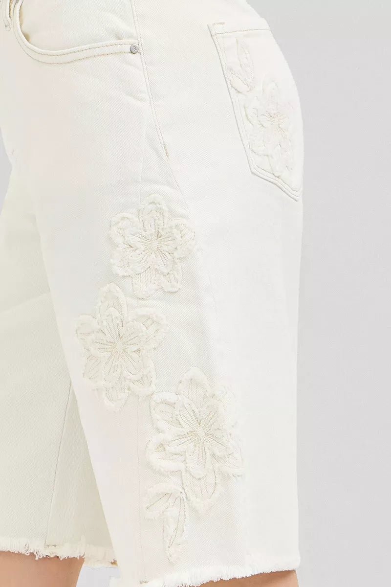 RISEN Slouchy Relaxed Floral Embroidered Bermuda Denim Shorts - AMVIM