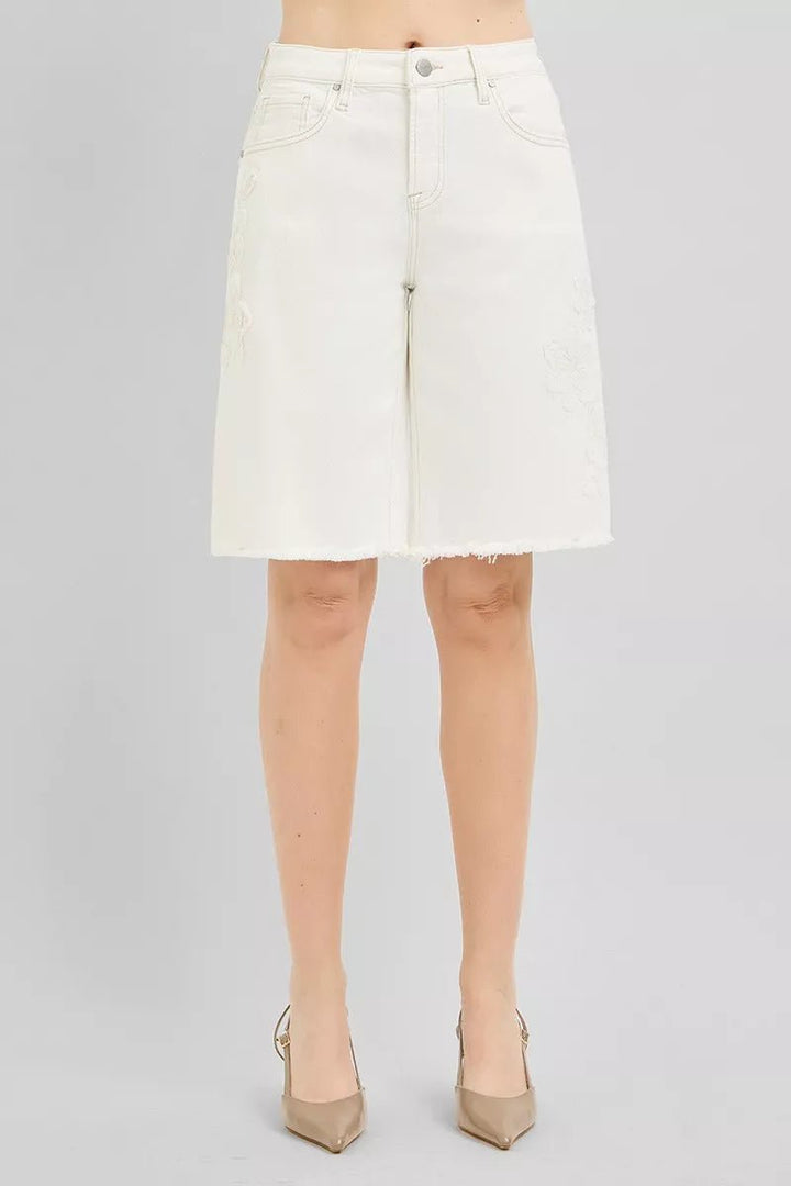 RISEN Slouchy Relaxed Floral Embroidered Bermuda Denim Shorts - AMVIM