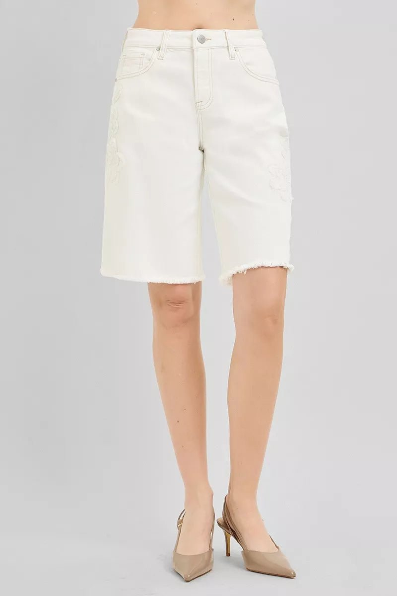 RISEN Slouchy Relaxed Floral Embroidered Bermuda Denim Shorts - AMVIM