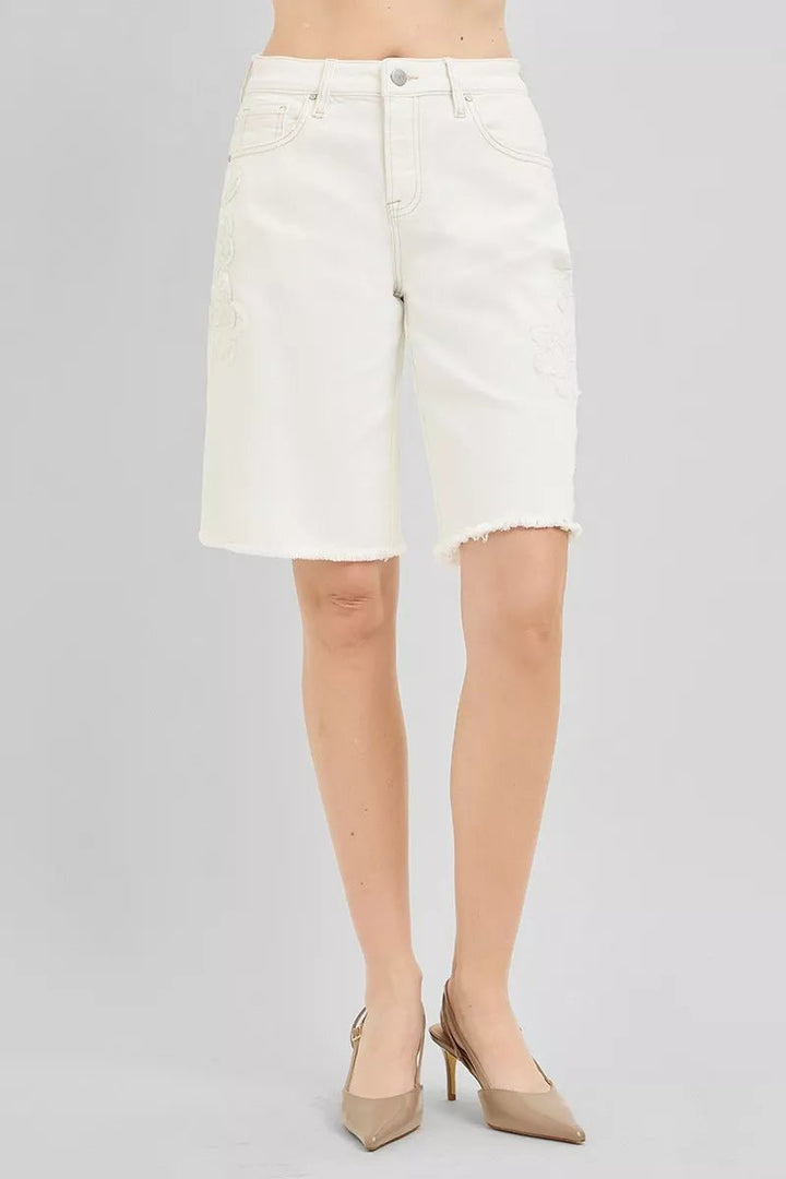 RISEN Slouchy Relaxed Floral Embroidered Bermuda Denim Shorts - AMVIM