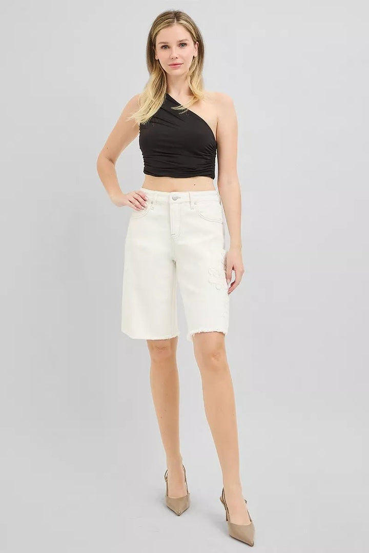 RISEN Slouchy Relaxed Floral Embroidered Bermuda Denim Shorts - AMVIM