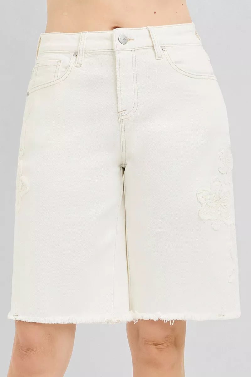 RISEN Slouchy Relaxed Floral Embroidered Bermuda Denim Shorts - AMVIM