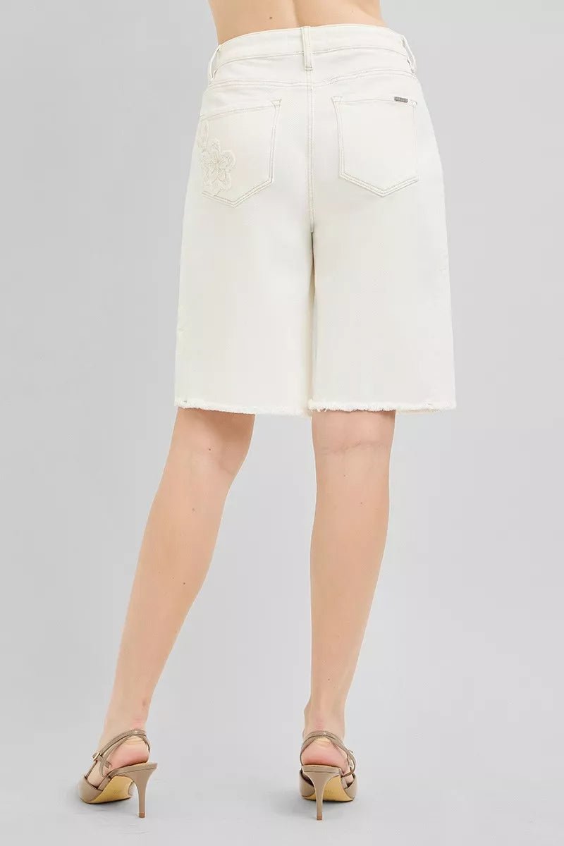 RISEN Slouchy Relaxed Floral Embroidered Bermuda Denim Shorts - AMVIM