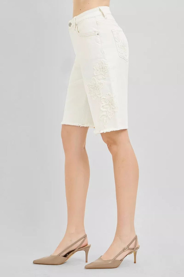 RISEN Slouchy Relaxed Floral Embroidered Bermuda Denim Shorts - AMVIM