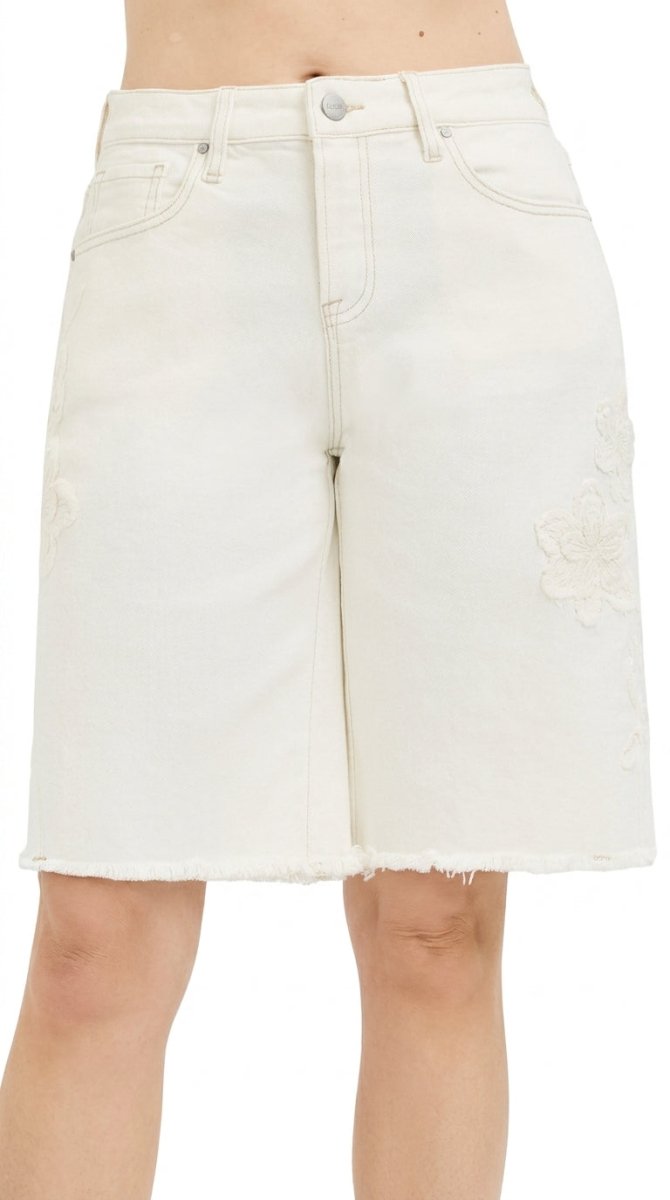 RISEN Slouchy Relaxed Floral Embroidered Bermuda Denim Shorts - AMVIM