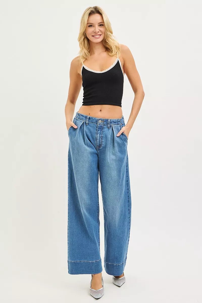 RISEN Slouchy Wide Leg Pleated Jeans - AMVIM