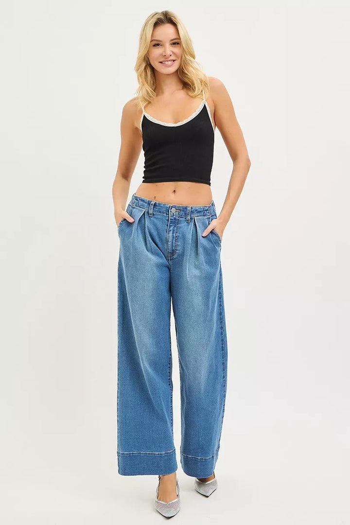 RISEN Slouchy Wide Leg Pleated Jeans - AMVIM