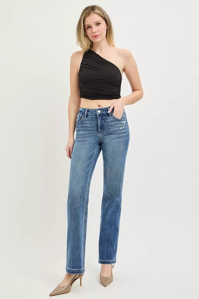 RISEN Tummy Control 4way Stretch Mid Rise Straight Crease Line - AMVIM