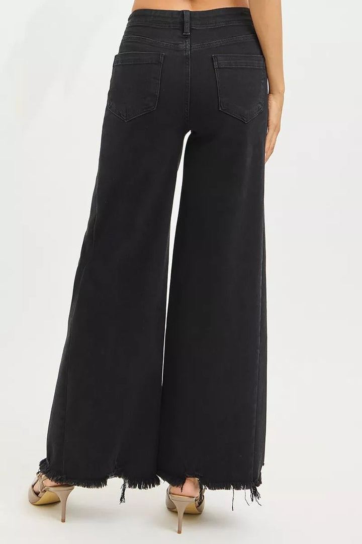 RISEN Tummy Control High Rise Palazzo Jeans with Frayed Hem - AMVIM