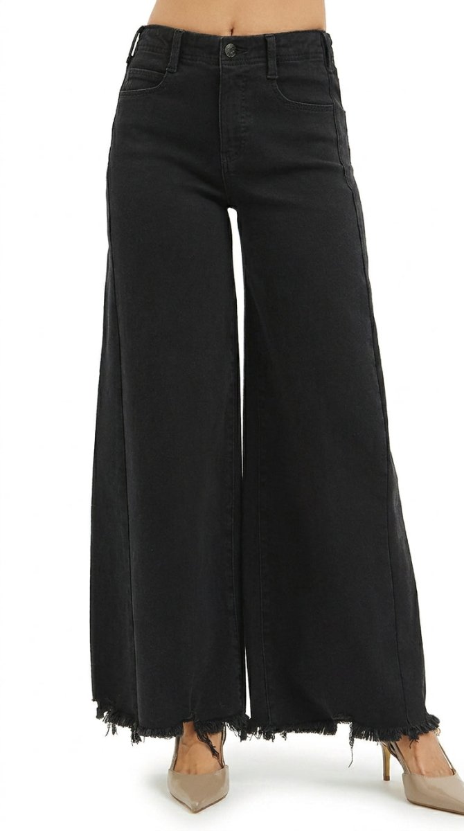 RISEN Tummy Control High Rise Palazzo Jeans with Frayed Hem - AMVIM
