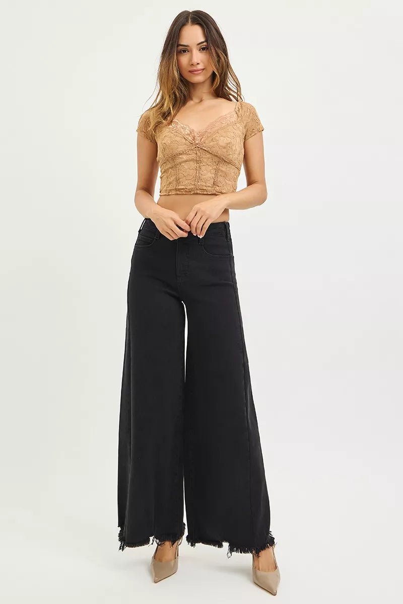 RISEN Tummy Control High Rise Palazzo Jeans with Frayed Hem - AMVIM