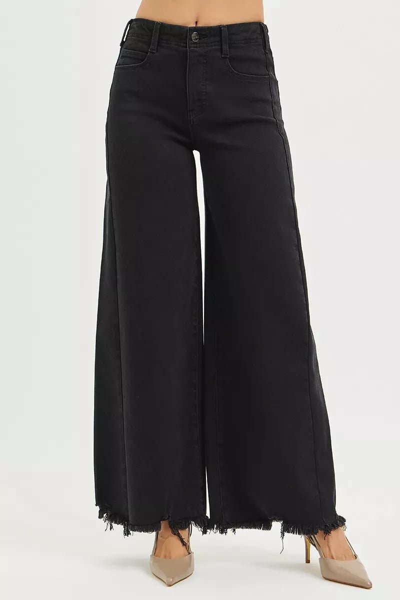 RISEN Tummy Control High Rise Palazzo Jeans with Frayed Hem - AMVIM