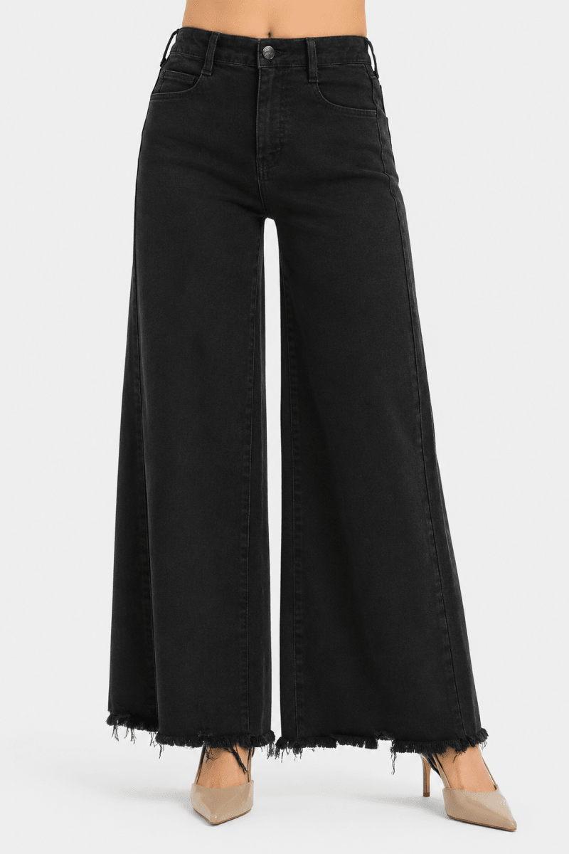 RISEN Tummy Control High Rise Palazzo Jeans with Frayed Hem - AMVIM