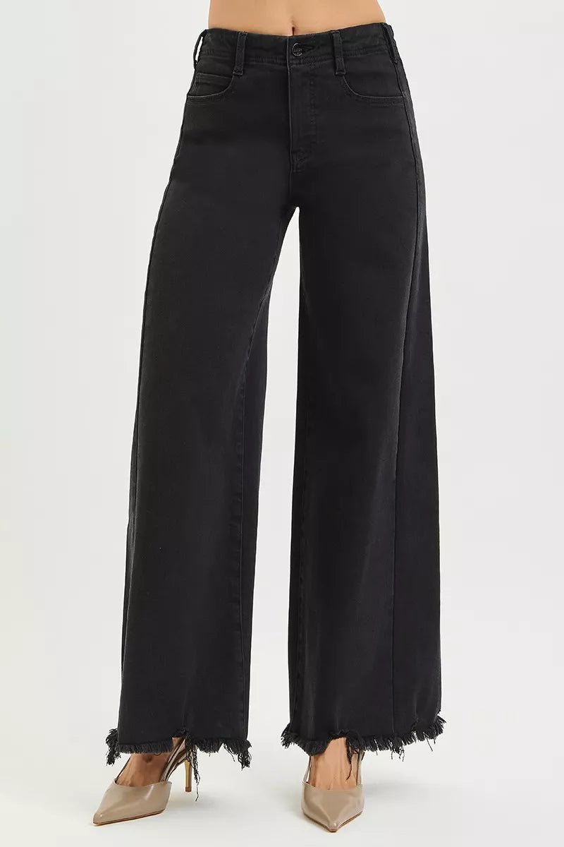 RISEN Tummy Control High Rise Palazzo Jeans with Frayed Hem - AMVIM