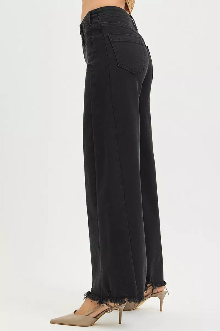 RISEN Tummy Control High Rise Palazzo Jeans with Frayed Hem - AMVIM
