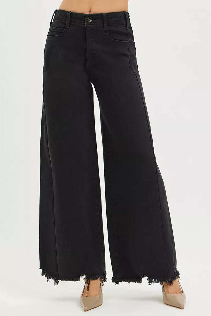RISEN Tummy Control High Rise Palazzo Jeans with Frayed Hem - AMVIM