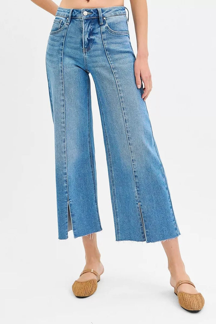 RISEN Tummy Control Mid Rise Crop Wide Front Slit Jeans - AMVIM