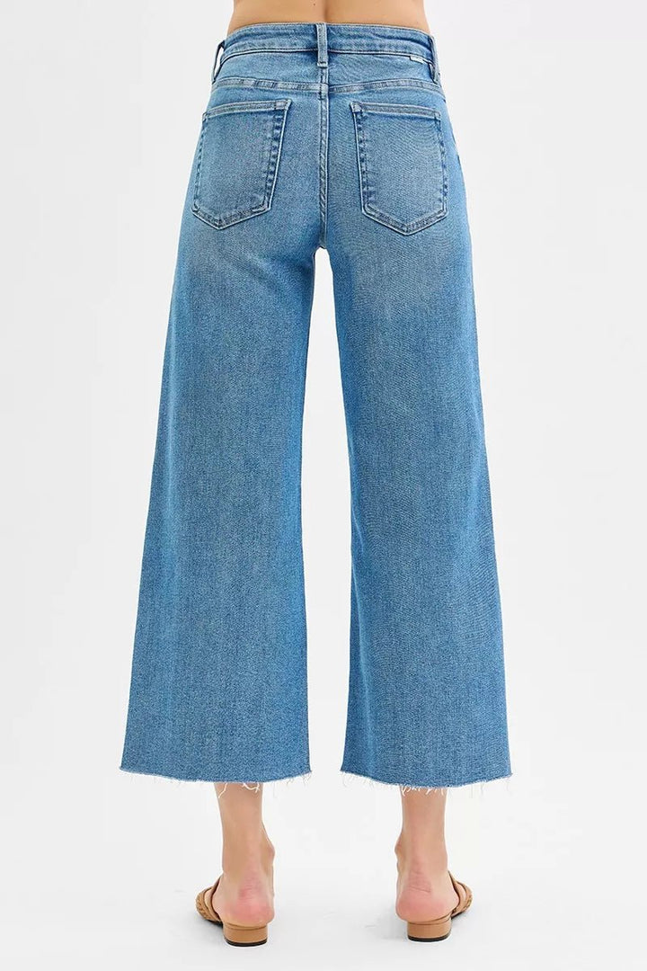 RISEN Tummy Control Mid Rise Crop Wide Front Slit Jeans - AMVIM