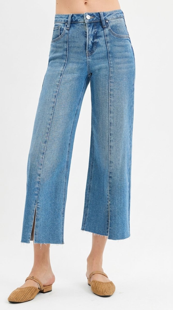 RISEN Tummy Control Mid Rise Crop Wide Front Slit Jeans - AMVIM