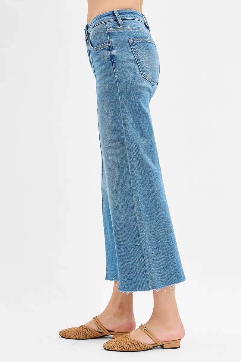 RISEN Tummy Control Mid Rise Crop Wide Front Slit Jeans - AMVIM