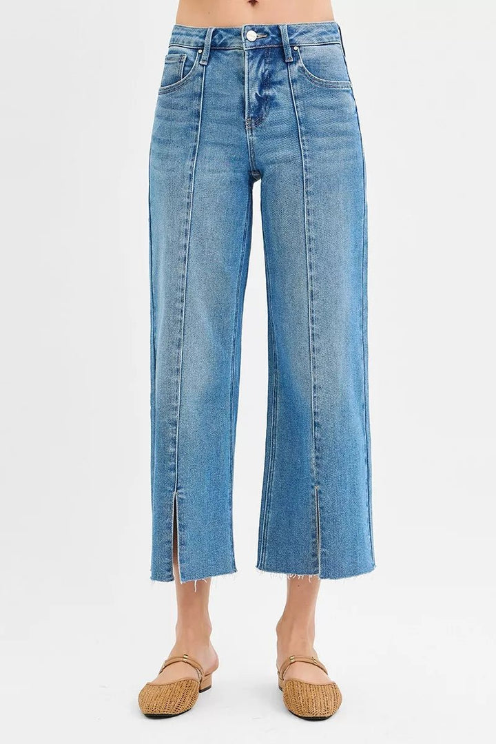 RISEN Tummy Control Mid Rise Crop Wide Front Slit Jeans - AMVIM