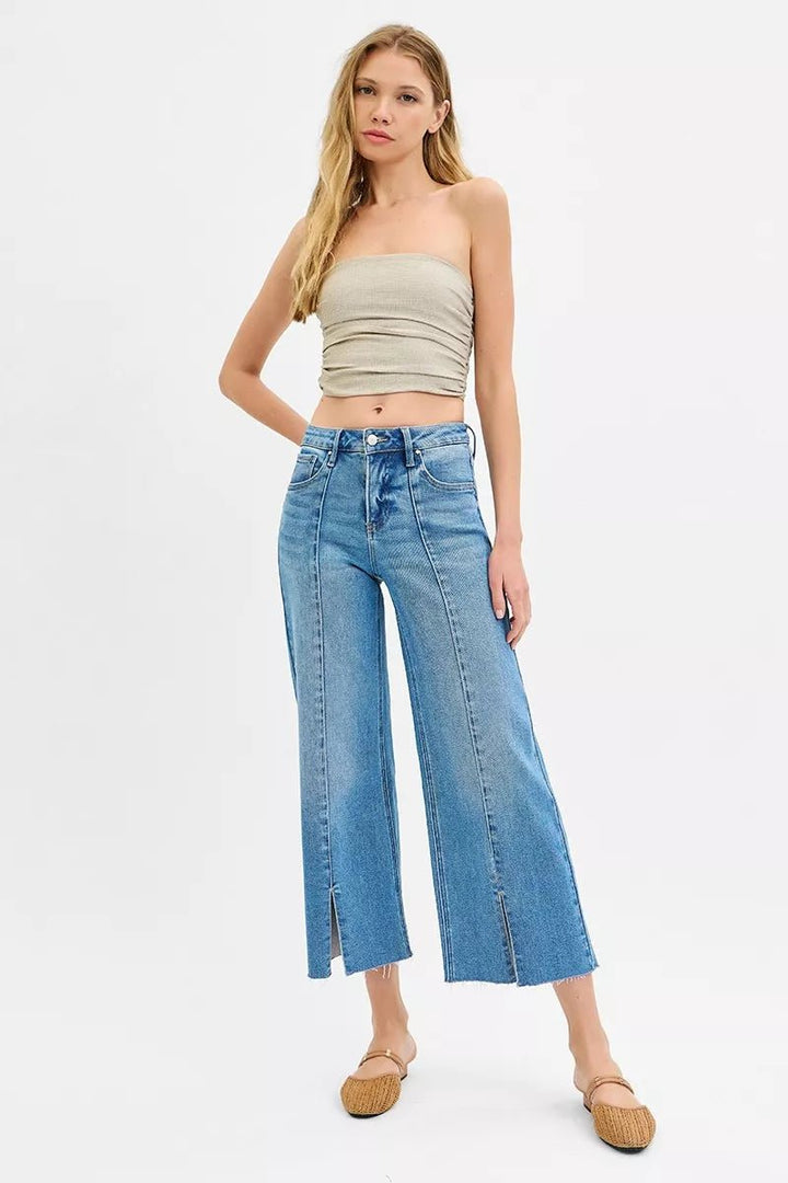 RISEN Tummy Control Mid Rise Crop Wide Front Slit Jeans - AMVIM
