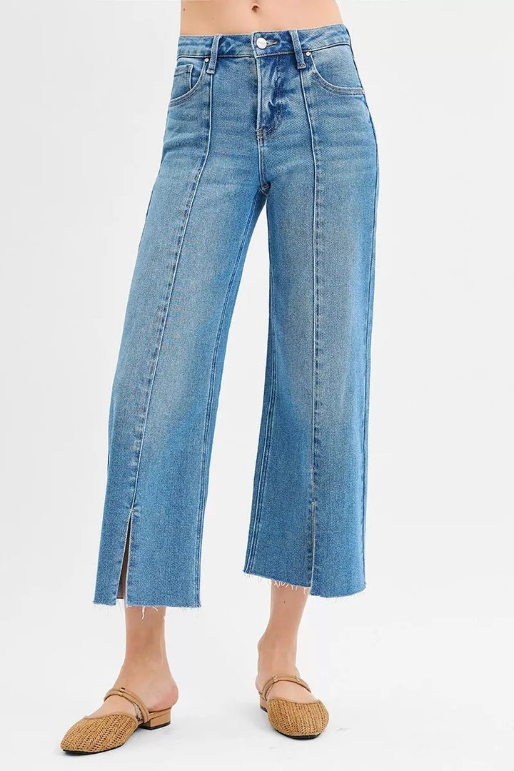RISEN Tummy Control Mid Rise Crop Wide Front Slit Jeans - AMVIM