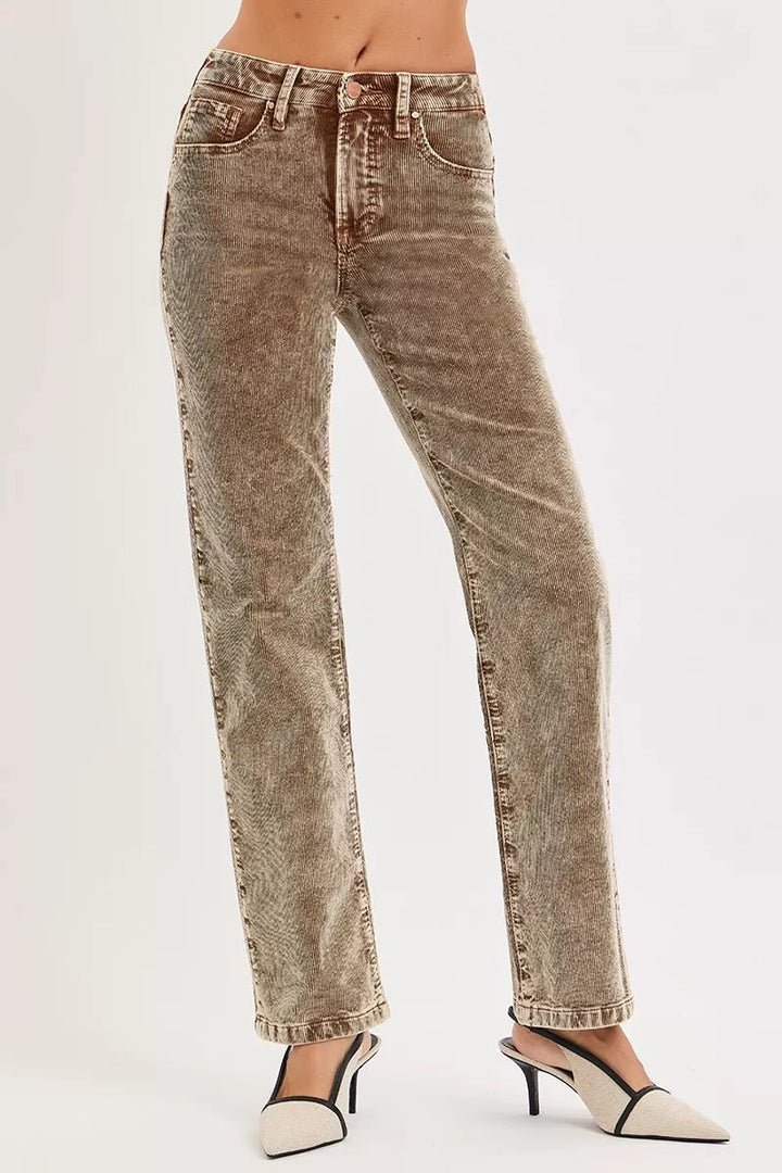 RISEN Tummy Control Mid Rise Straight Leg Corduroy Pants - AMVIM
