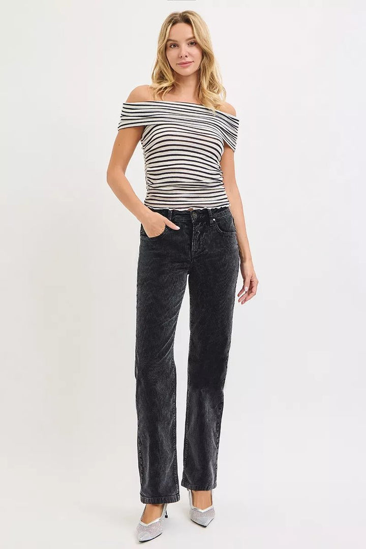 RISEN Tummy Control Mid Rise Straight Leg Corduroy Pants - AMVIM