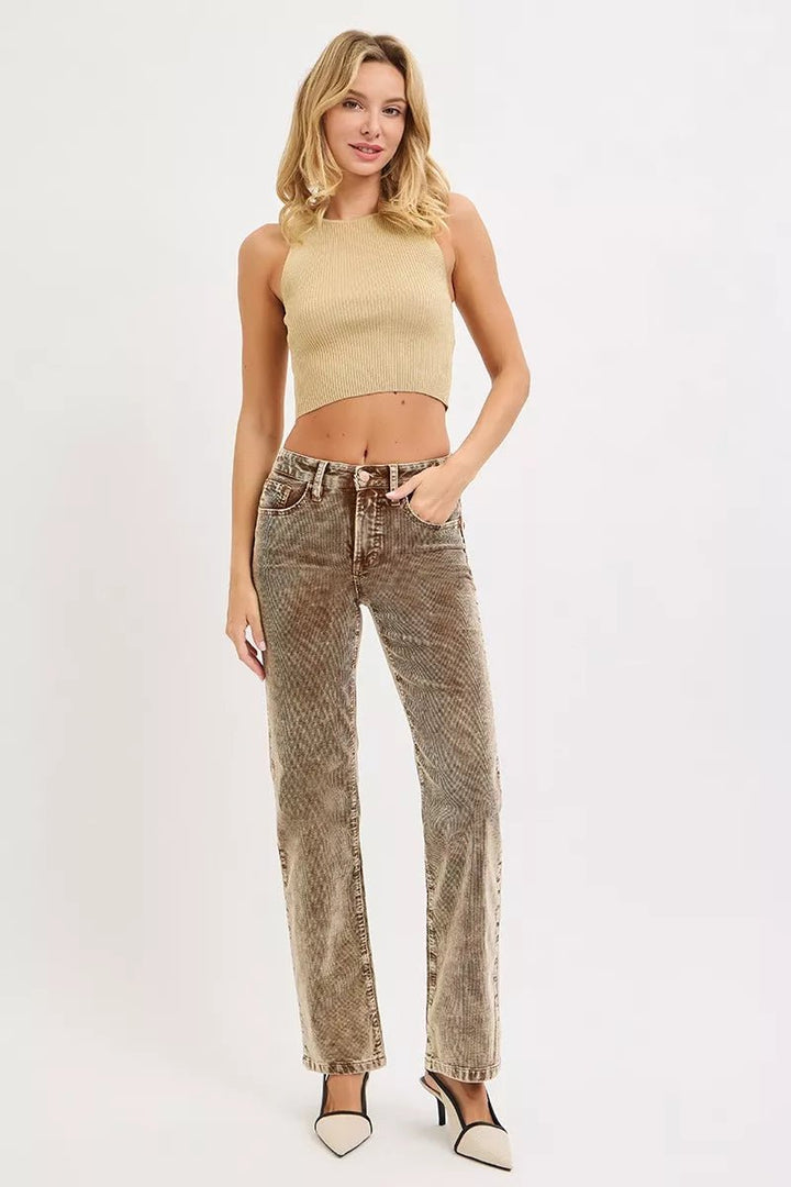 RISEN Tummy Control Mid Rise Straight Leg Corduroy Pants - AMVIM